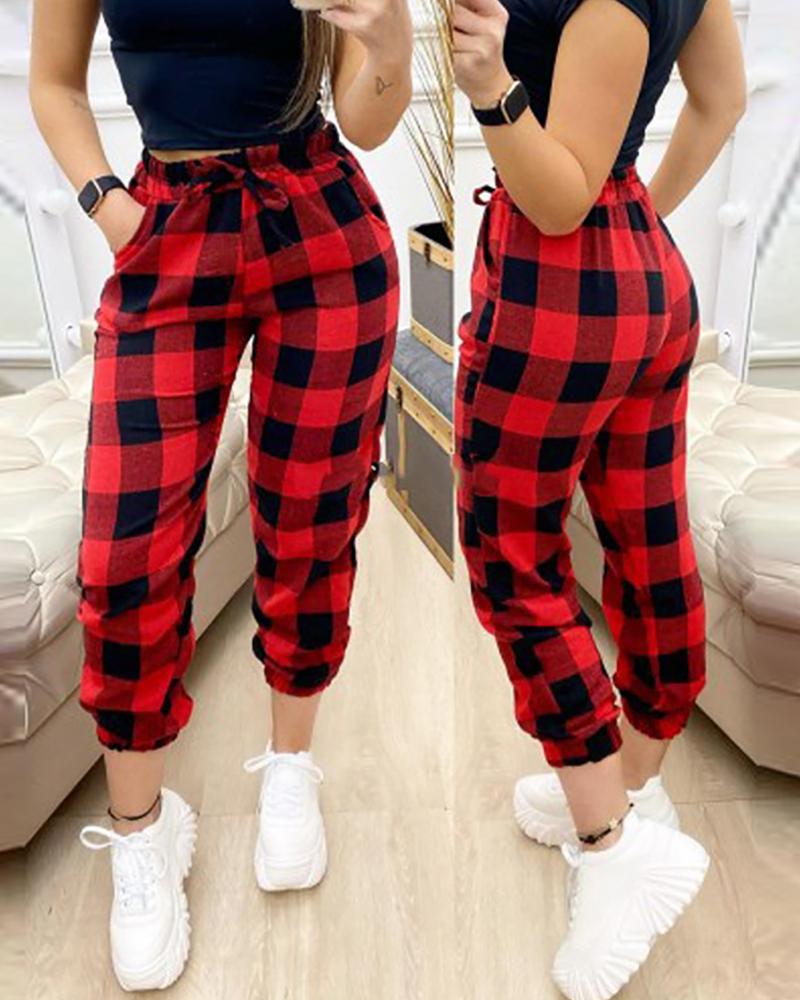 

Drawstring Waist Pocket Design Plaid Pants, Red