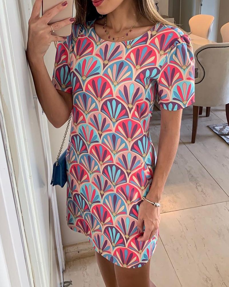 

Short Sleeve Colorful Print Dress, Multicolor
