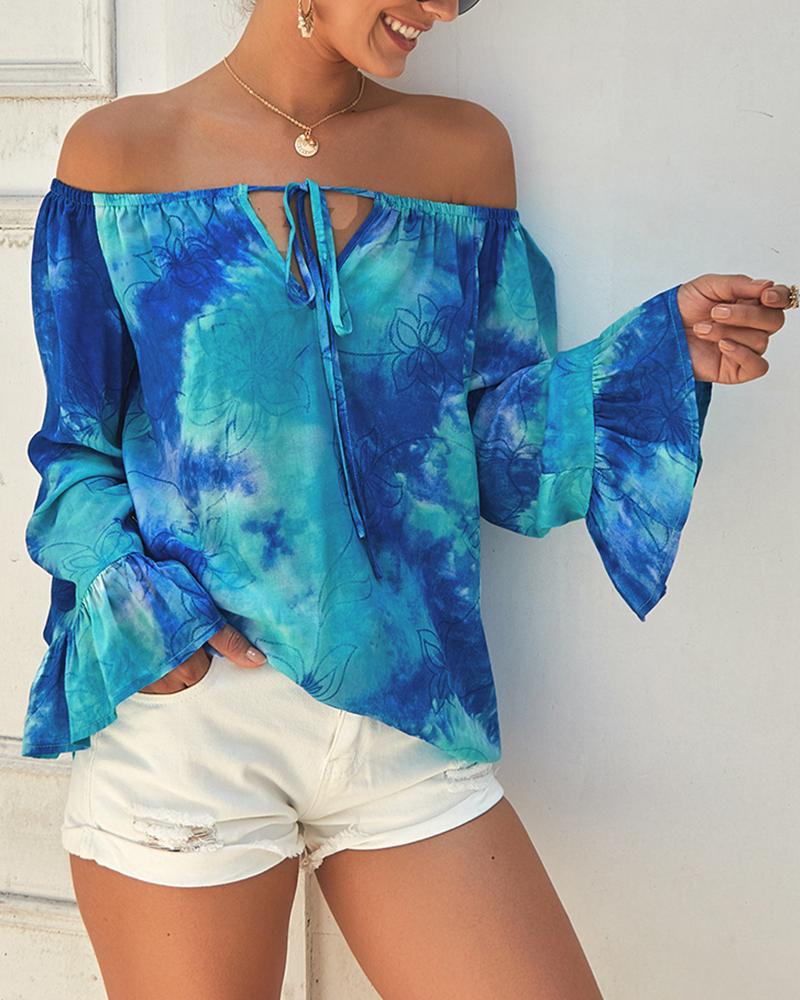 

Off Shoulder Bell Sleeve Tie Dye Print Blouse, Blue