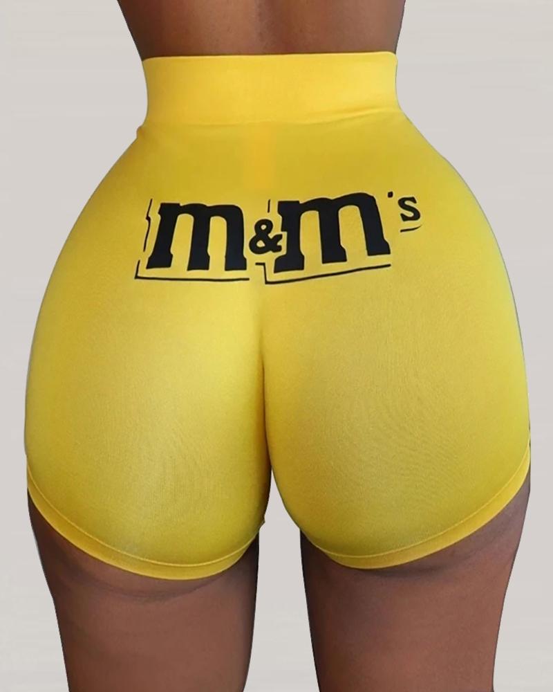 

Letter Print High Waist Casual Shorts, Yellow
