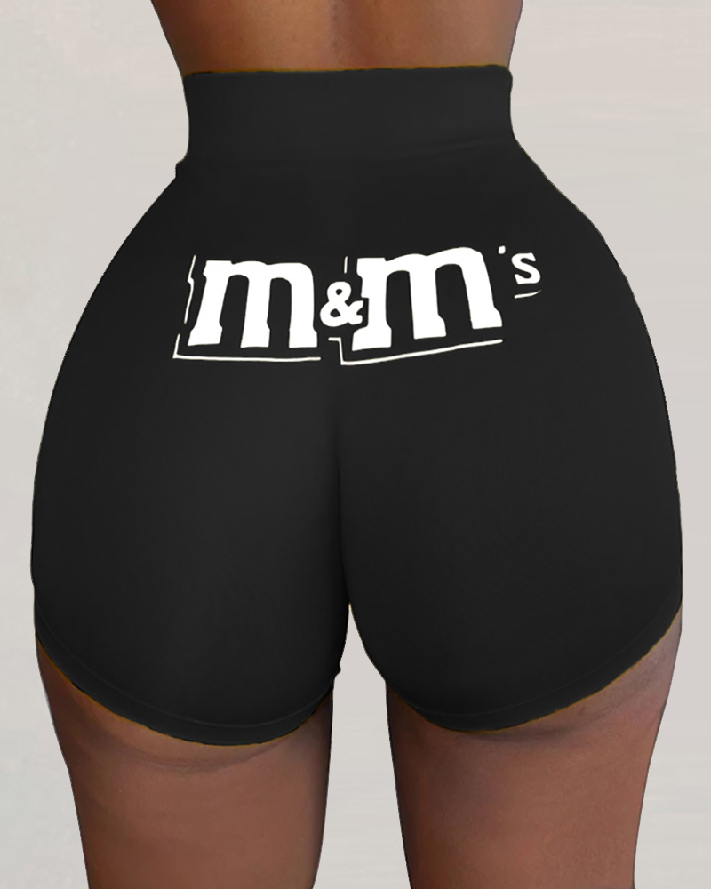 

Letter Print High Waist Casual Shorts, Black