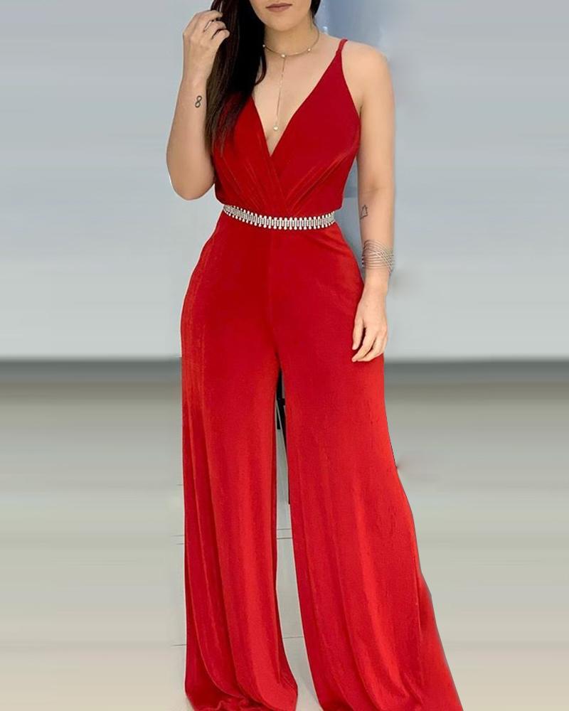 

Halter Plunge Backless Casual Jumpsuit, Red