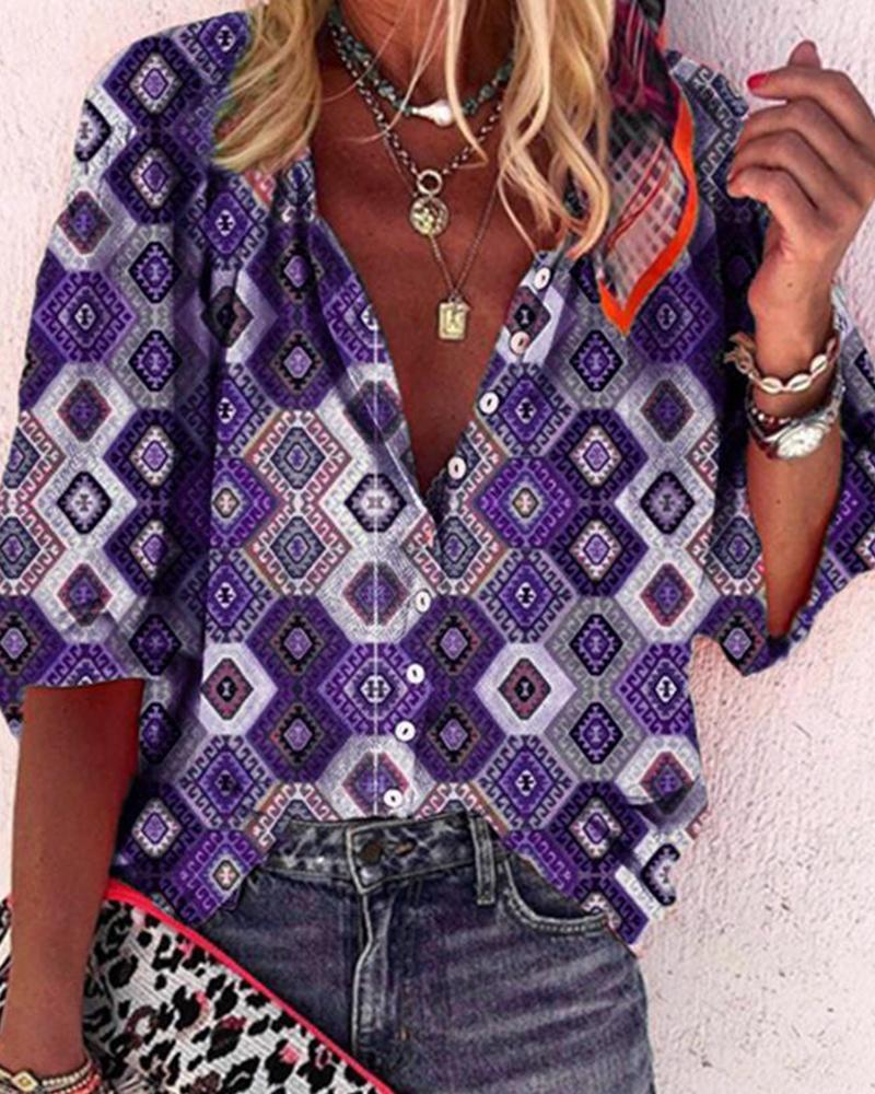 

Diamond Print Button Up Shirt, Purple