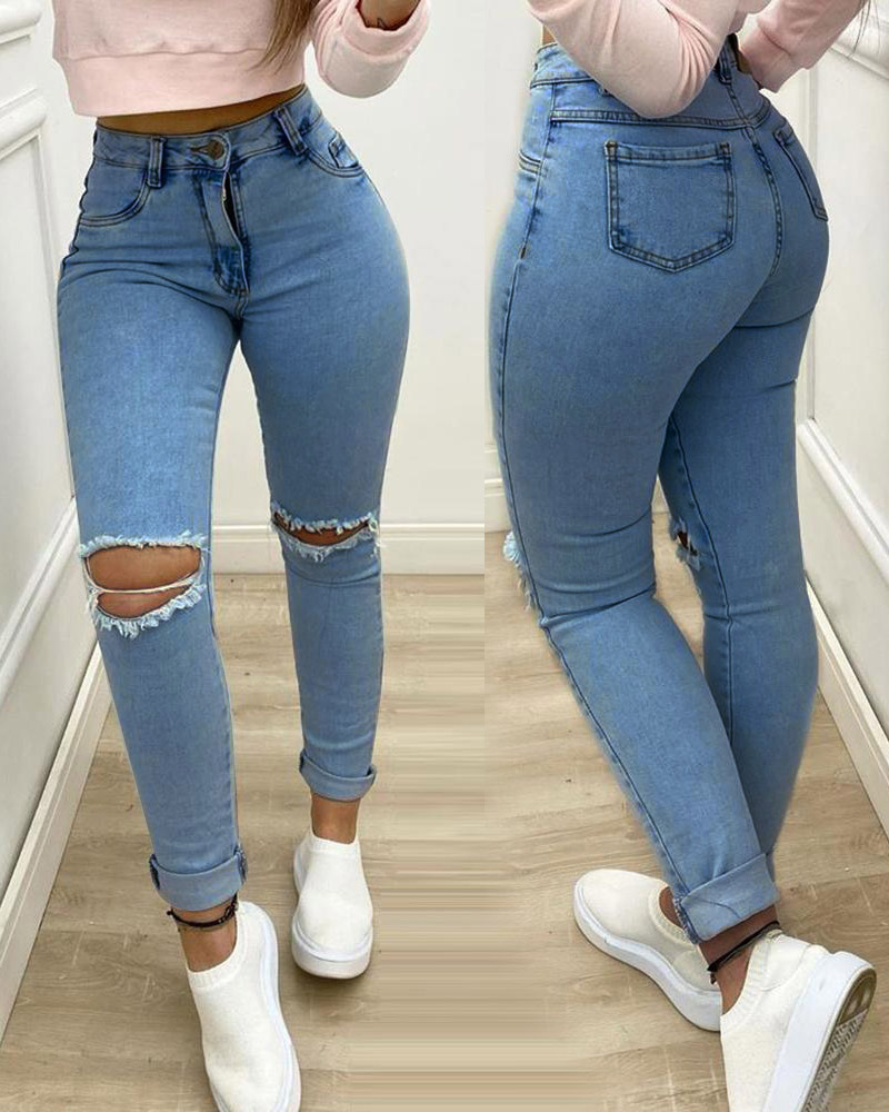 

Button Pocket Design Cutout Skinny Jeans, Blue