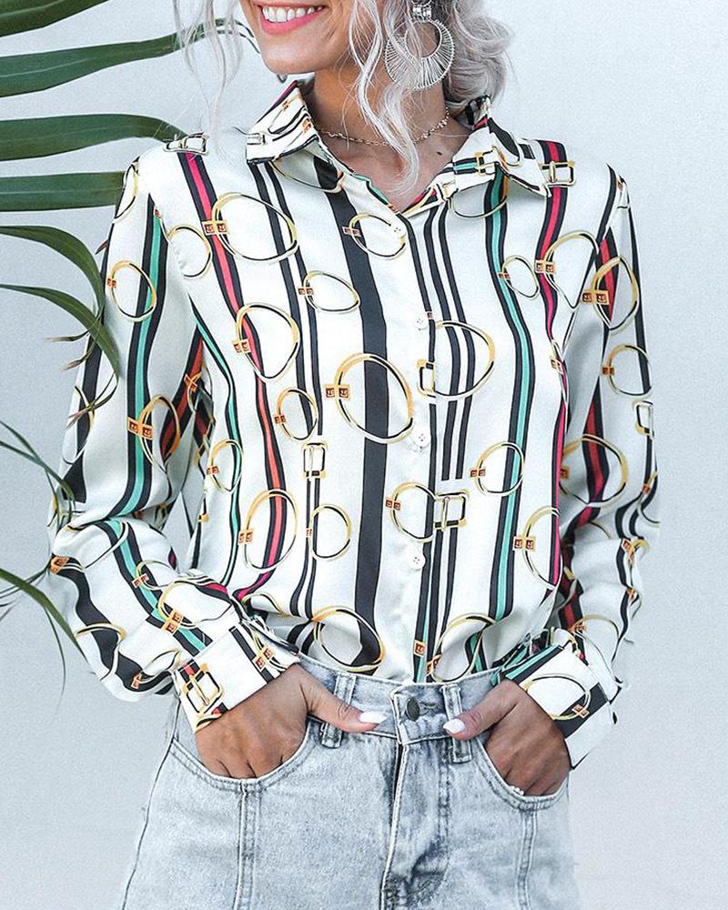 

Colorful Striped Printed Long Sleeve Shirt, Beige