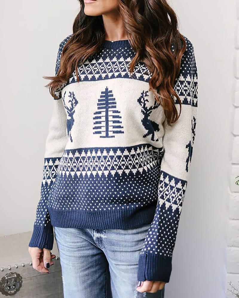 

Christmas Moose Tree Pattern Casual Sweater, Dark blue