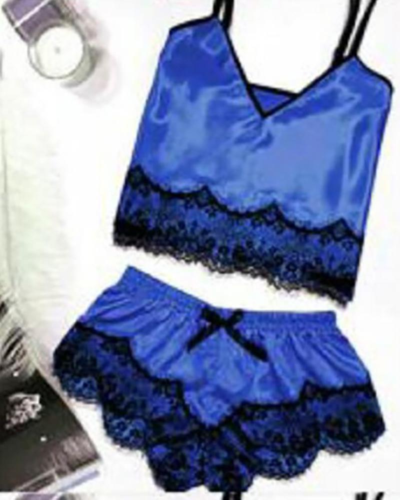 

Eyelash Lace Low Cut Cami Set, Blue