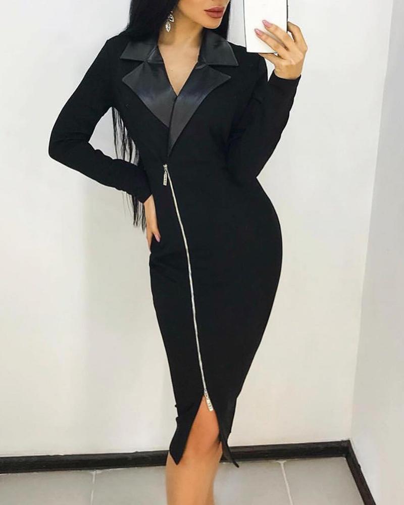 

Solid Notched Neck Zipper Irregular Work Dress, Black