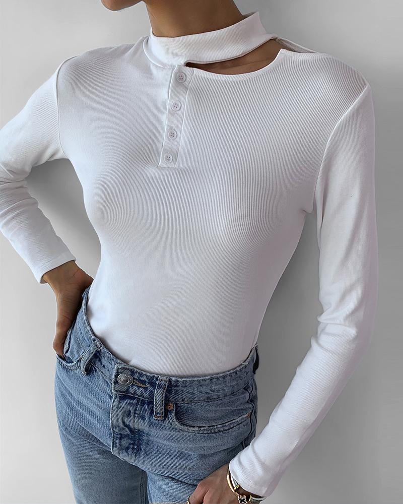 

Cut Out Buttoned Knit Casual Sweater, White