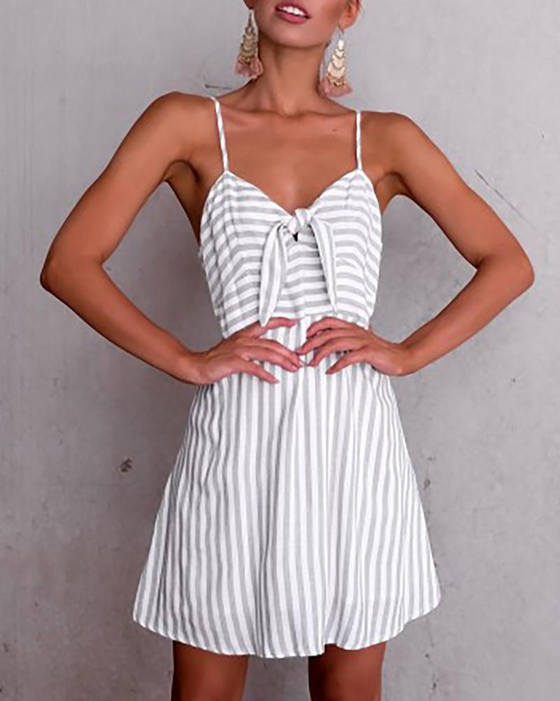 

Striped Colorblock Tie Front Plunge Dress, Gray