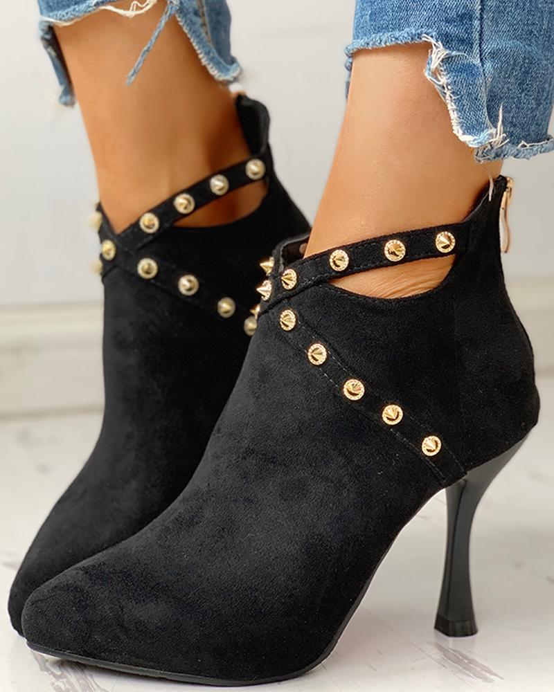 

Rivet Embellished Thin Heeled Ankle-Boots, Black