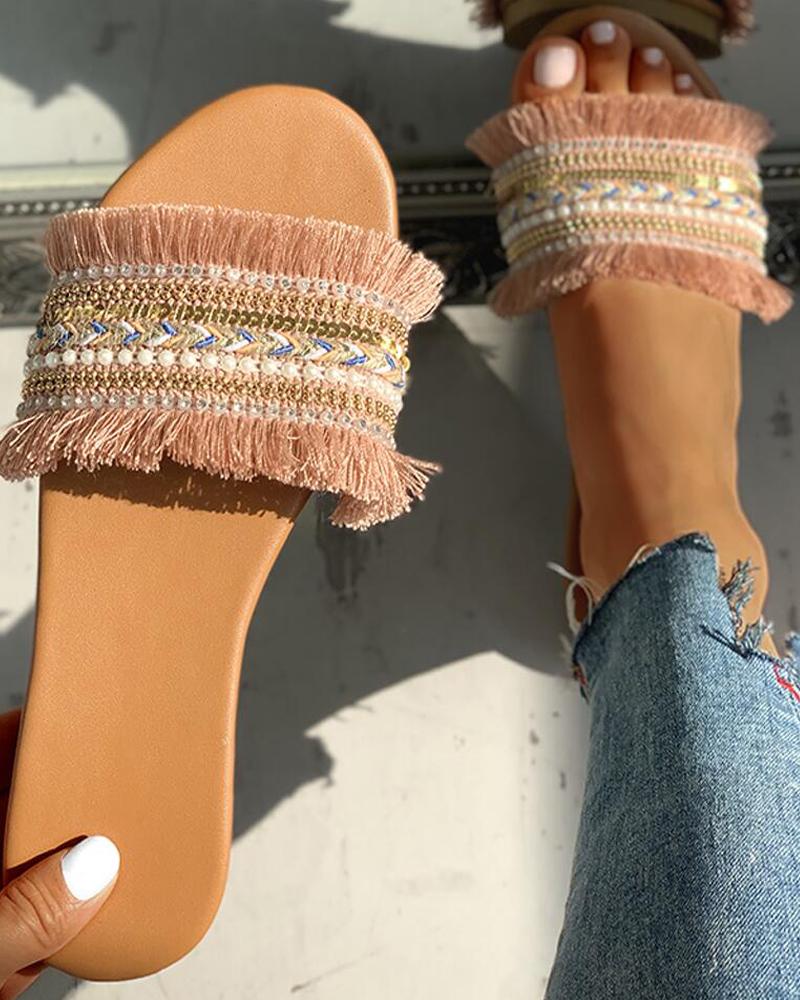 

Fluffy Colorblock Flat Slipper, Beige
