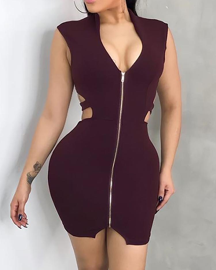 

Zip Up Cut Out Bandage Bodycon Dress, Wine red
