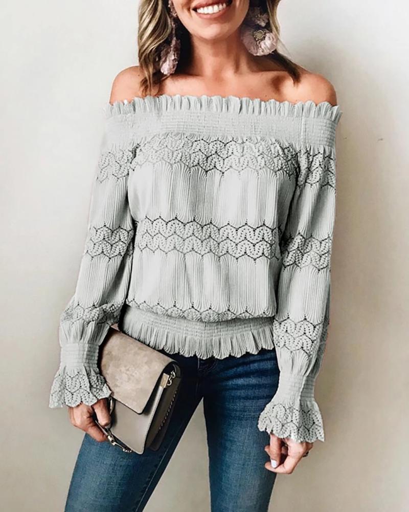

Solid Eyelet Hollow Out Lace Detail Blouse, Gray