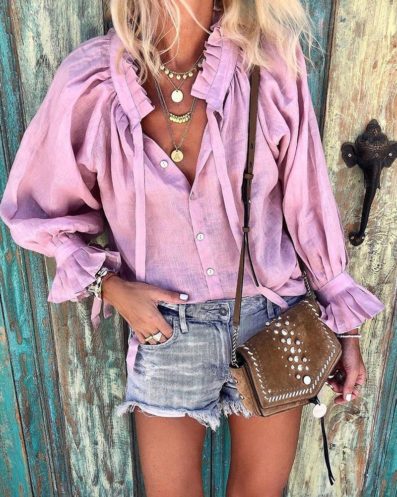 

Bell Sleeve Casual Ruffle Top, Purple