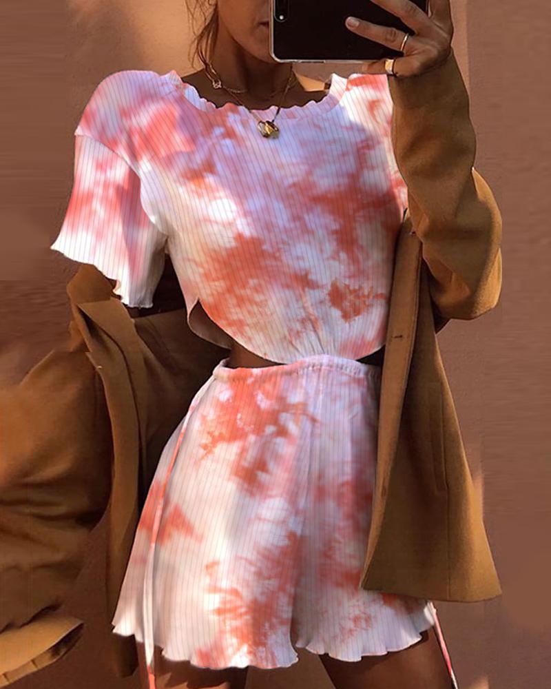 

Tie Dye Print Cut Out Frill Hem Romper, Orange