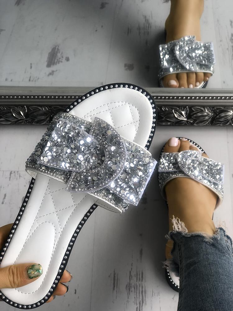 

Rivet Sequins Embellished Peep Toe Flat Sandals, Silver