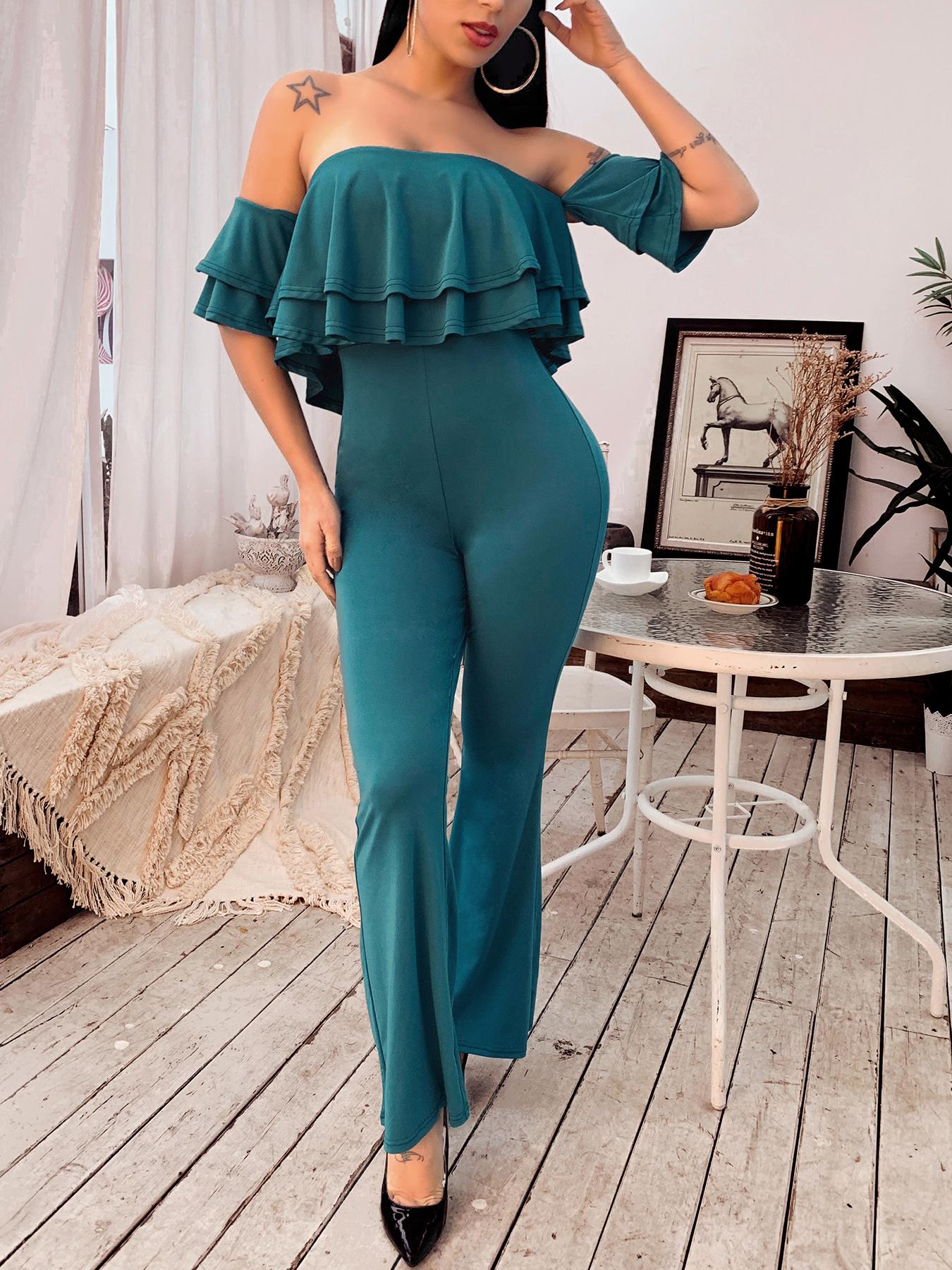 

Off Shoulder Layered Flounce Solid Jumpsuit