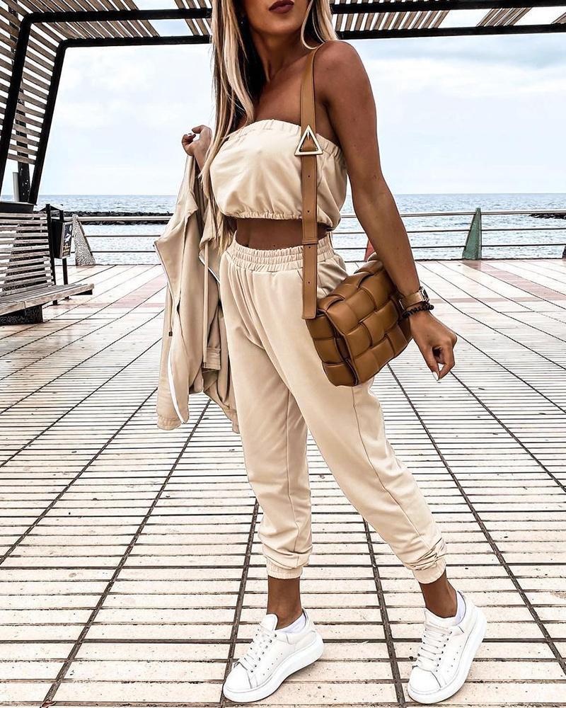 

Plain Bandeau Crop Top & High Waist Pants Set, Apricot