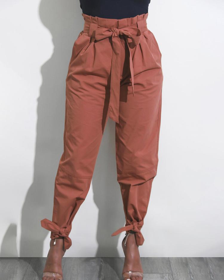 

Fashion Belted Ankle Tie High Waist Pants, Brown