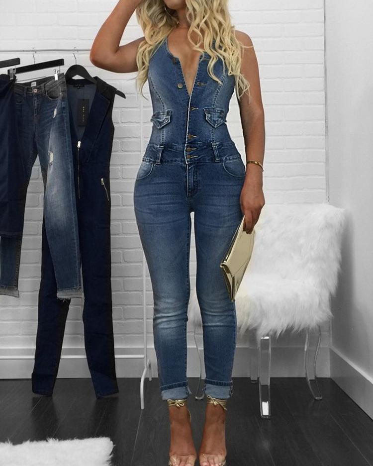 

V Neck Skinny Denim Sleeveless Jumpsuits, Blue