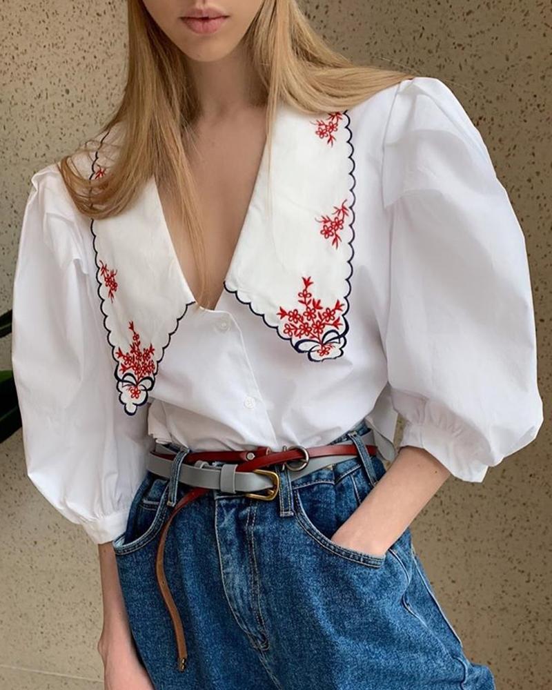 

Puffed Sleeve Embroidery Casual Blouse, White