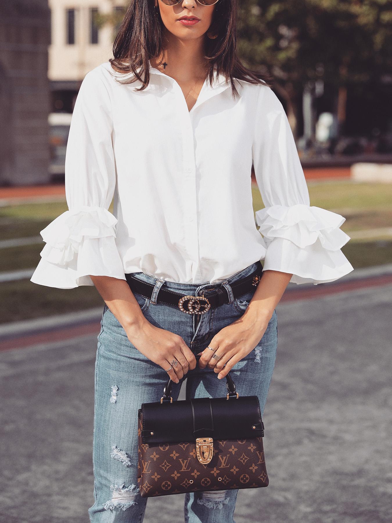 

Layered Ruffles Sleeve Button Up Blouse