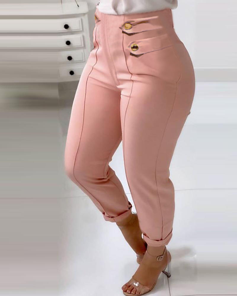 

High Waist Button Design Casual Pants, Pink