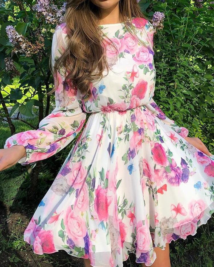 

Floral Print Long Sleeve Mini Dress, Multicolor