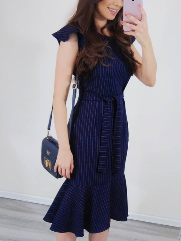 

Striped Tied Waist Pep Hem Bodycon Dress