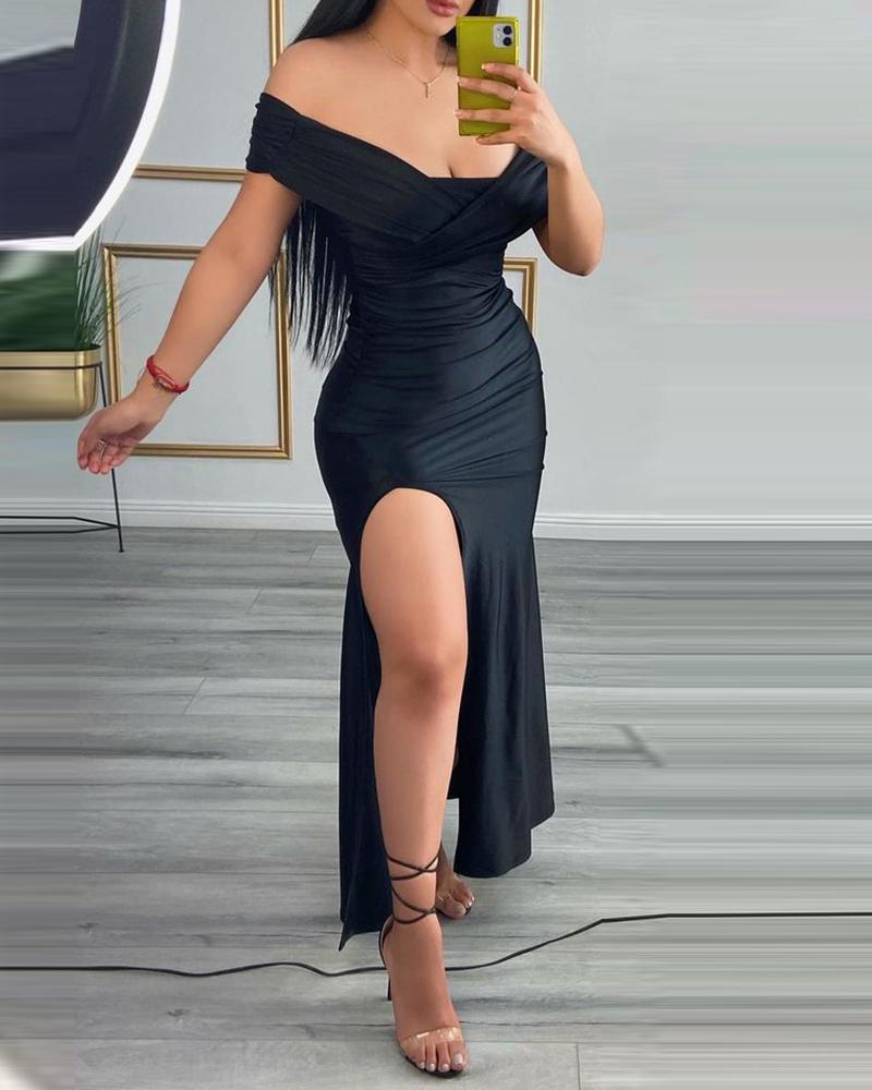 

Off Shoulder Ruffle Hem High Slit Maxi Dress, Black