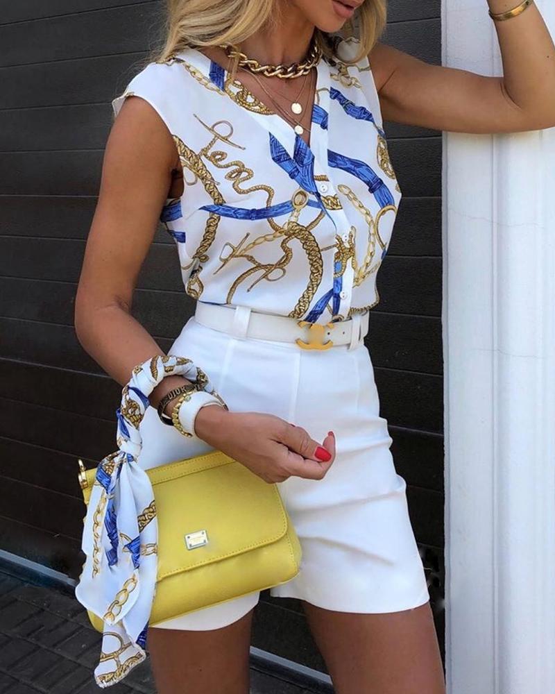 

Sleeveless Buttoned Print Top & Short Set, White