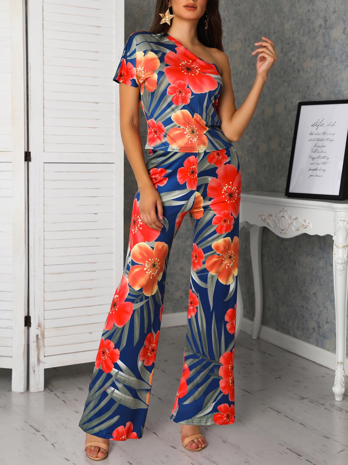 

Floral Print One Shoulder Top & Pants Sets, Multicolor