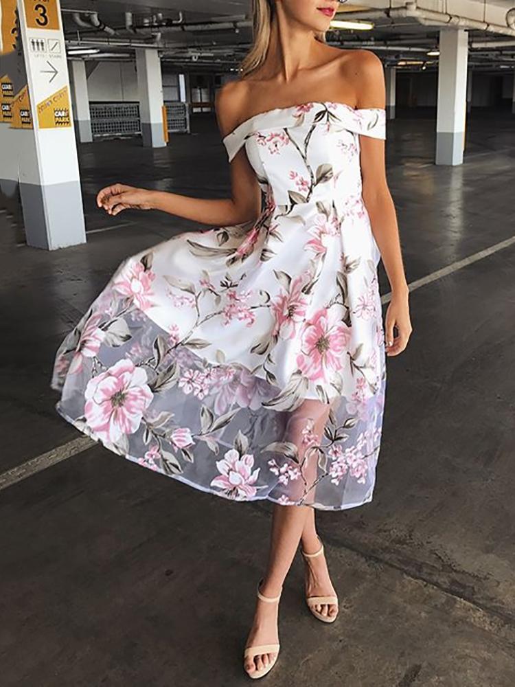 

Off shoulder Floral Print Mesh Pleated Dress