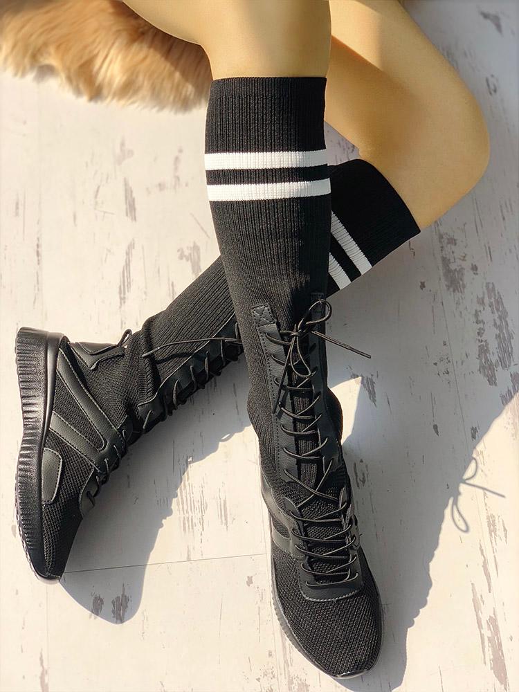 

Net-Surface Lace-Up Knit Sock Boots, Black