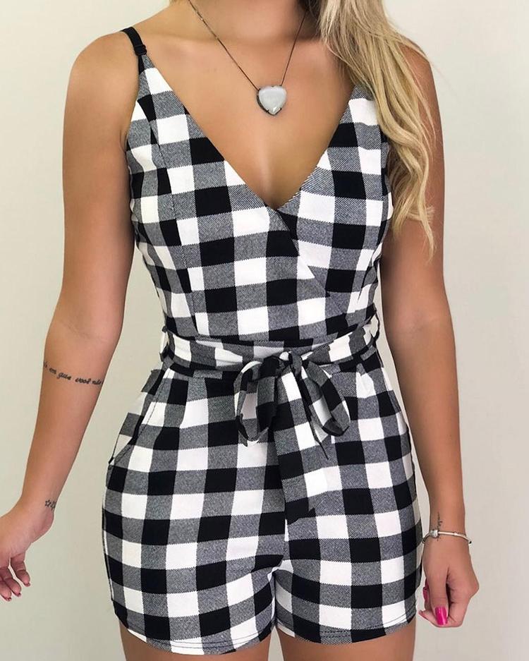 

Spaghetti Strap Grid Belted Romper, Gray