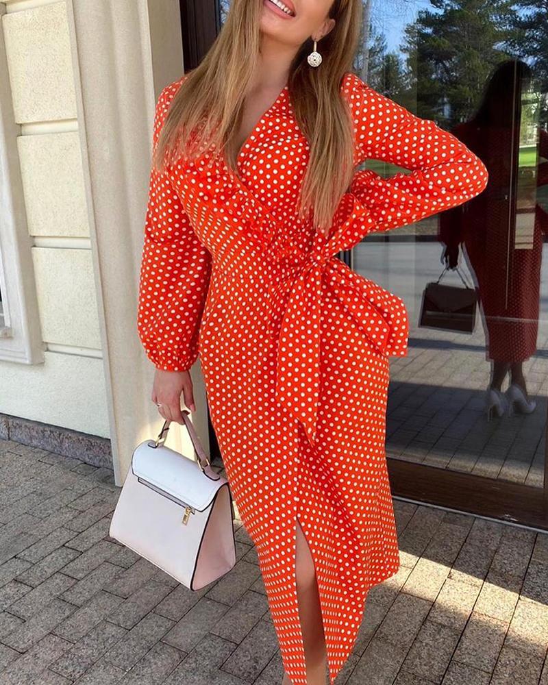 

Polka Dot Print Knotted Slit Maxi Dress, Orange