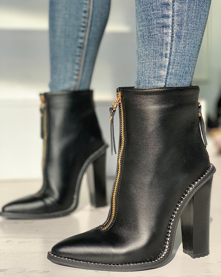 

Pointed Toe Zipper Design Chunky Heeled Boots, Black