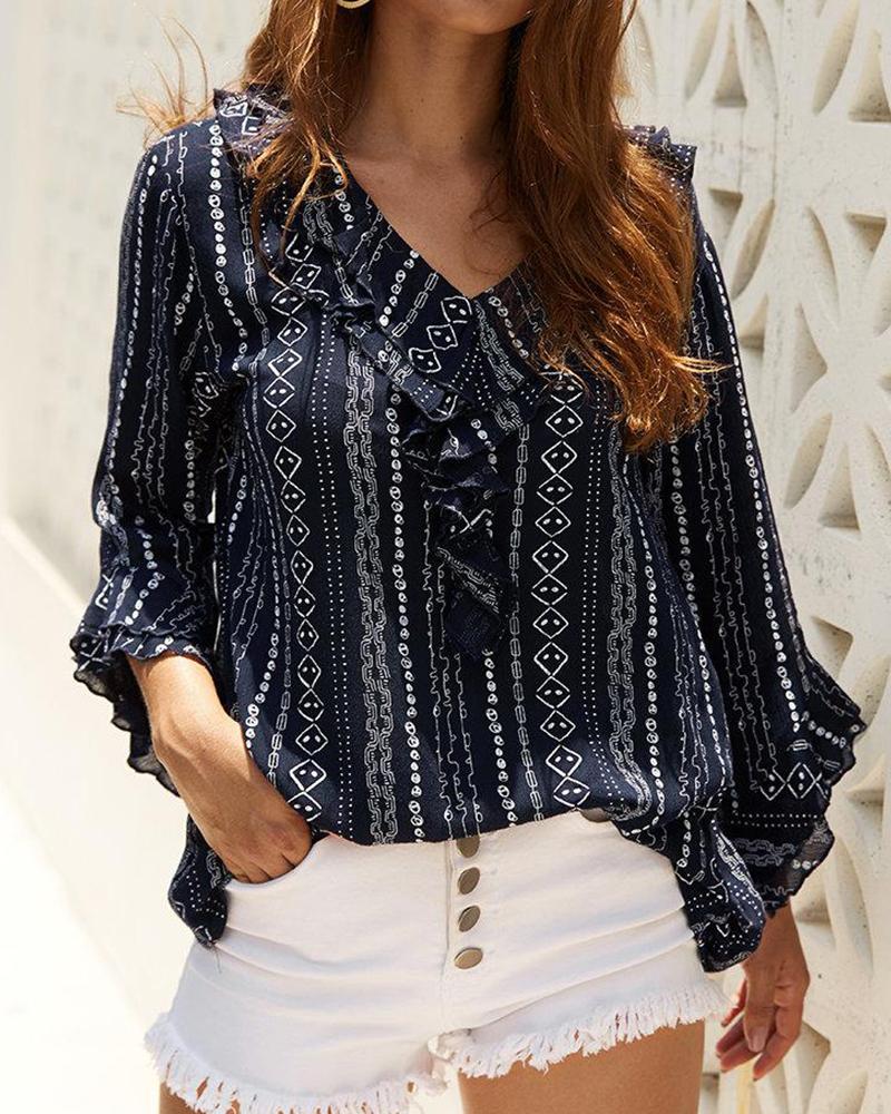 

V-neck Printed Loose Long-sleeved Blouse