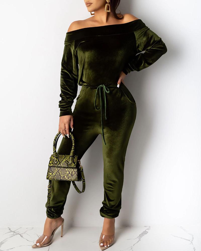 

Solid Off Shoulder Long Sleeve Top & Drawstring Pants Sets, Green
