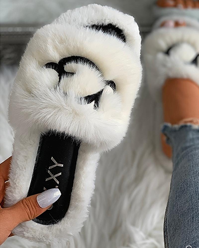 

Letter Pattern Open Toe Fluffy Slippers, White