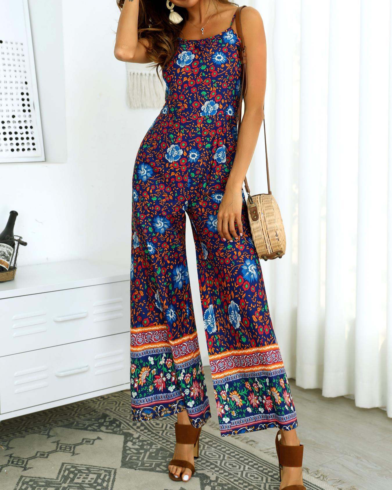 

Knot Open Back Floral Print Jumpsuit, Purplish blue