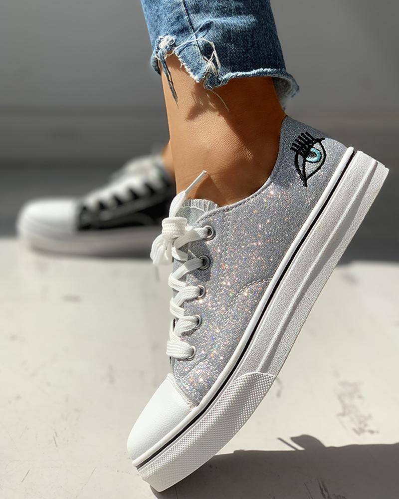 

Colorblock Eyes Pattern Eyelet Lace-Up Casual Sneakers, Black