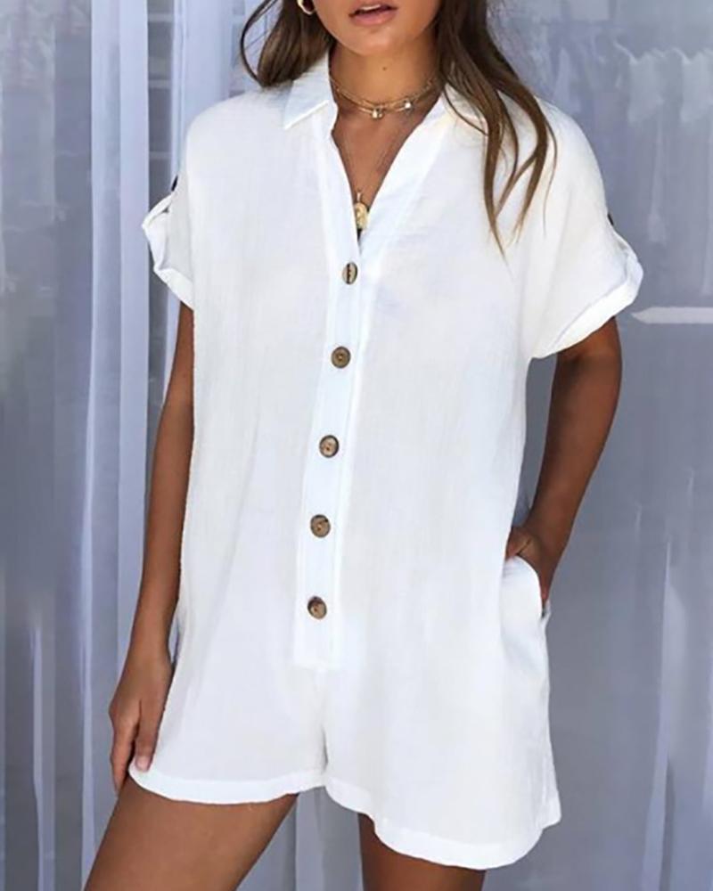 

Solid Button Design Short Sleeve Romper, White