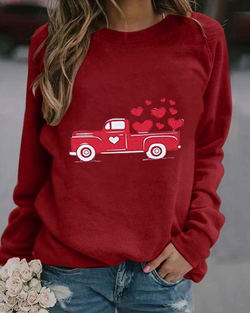 

Car Heart Print Casual Long Sleeve Sweatshirt, Red
