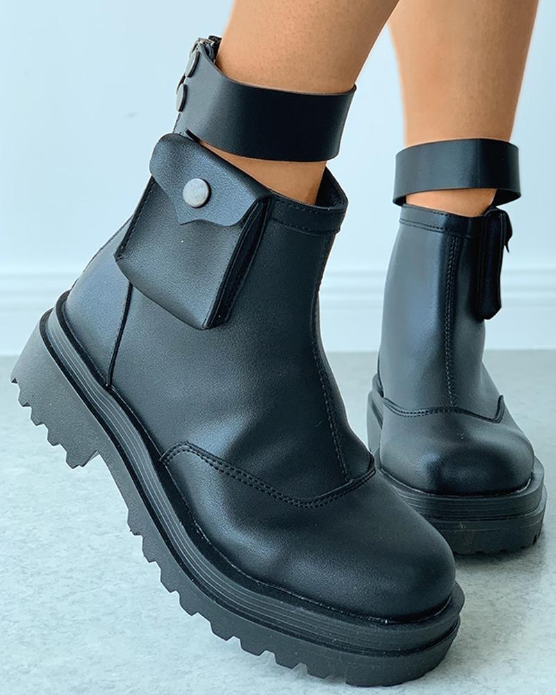 

Ankle Strap Buttoned Combat Boots, Black