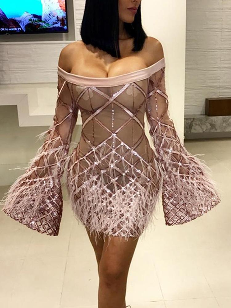 

Off Shoulder Feather Detail Party Dress, Apricot