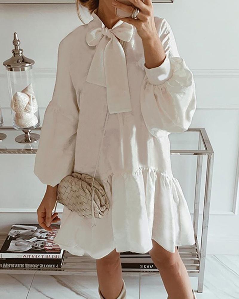 

Solid Tie Neck Ruffle Dress