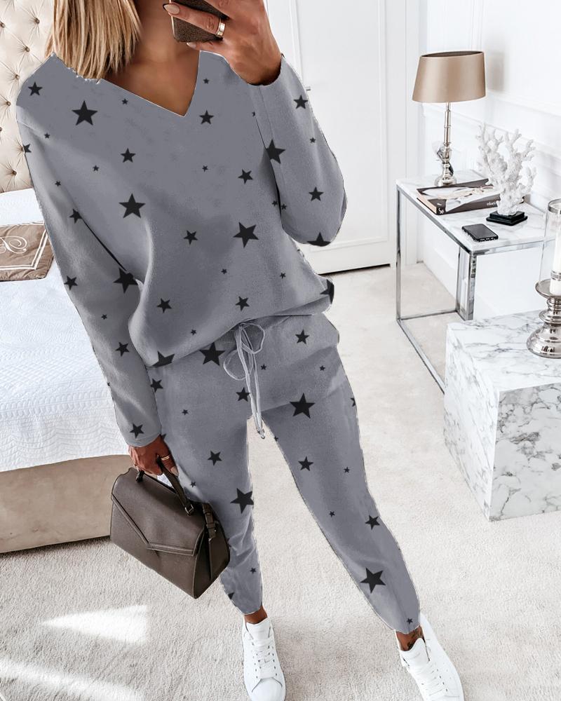 

Star Print Long Sleeve Top & Drawstring Waist Pants Set, Gray