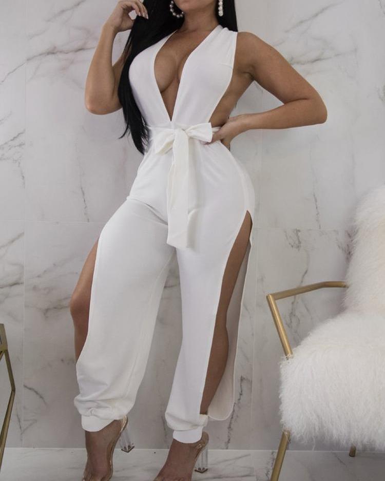 

Halter Deep V Tied Waist Slit Side Jumpsuit, Yellow